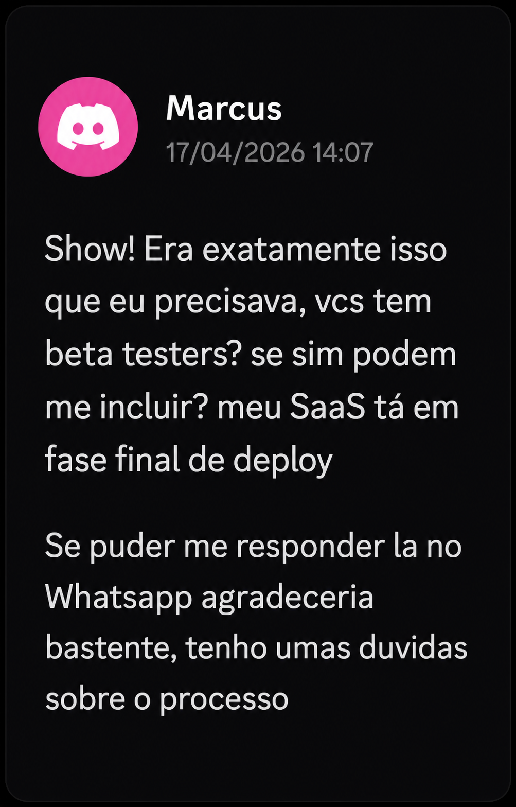 Mensagem de Marcus na comunidade HookCloud